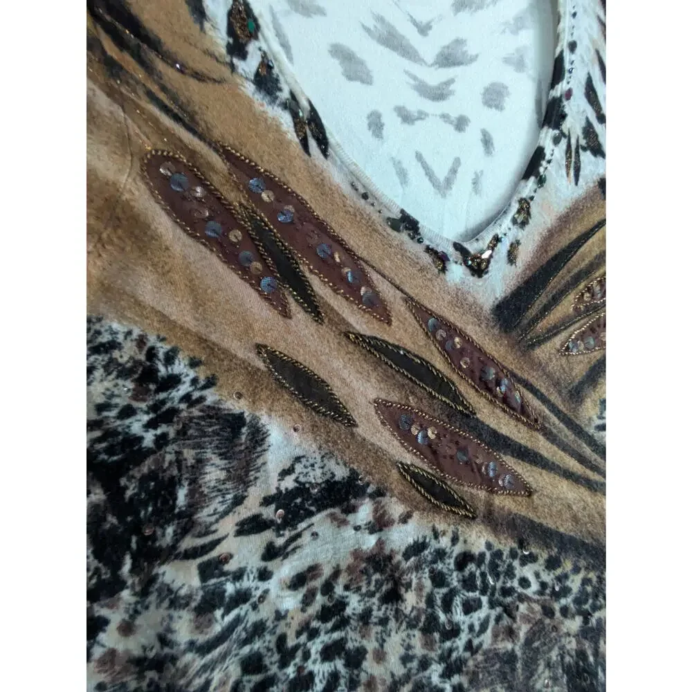 Alberto Makali Animal Print Top Women's Large Beaded Long Sleeves Art Blouse‎